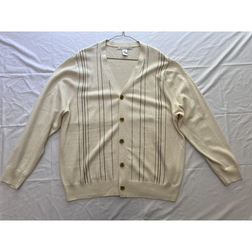 Geoffrey Beene Sweater Mens XL White Striped Cardigan Button V Neck Knit Soft